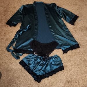 Luxurious Satin Robe Set Teal  Black Soft Silk-Touch Sleepwear / Loungewear 2XL